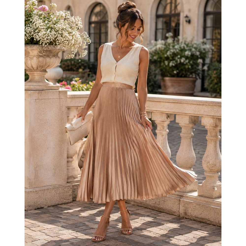 Altar'd State Women's Champagne Satin Pleated Midi Skirt Elastic Waist Romantic